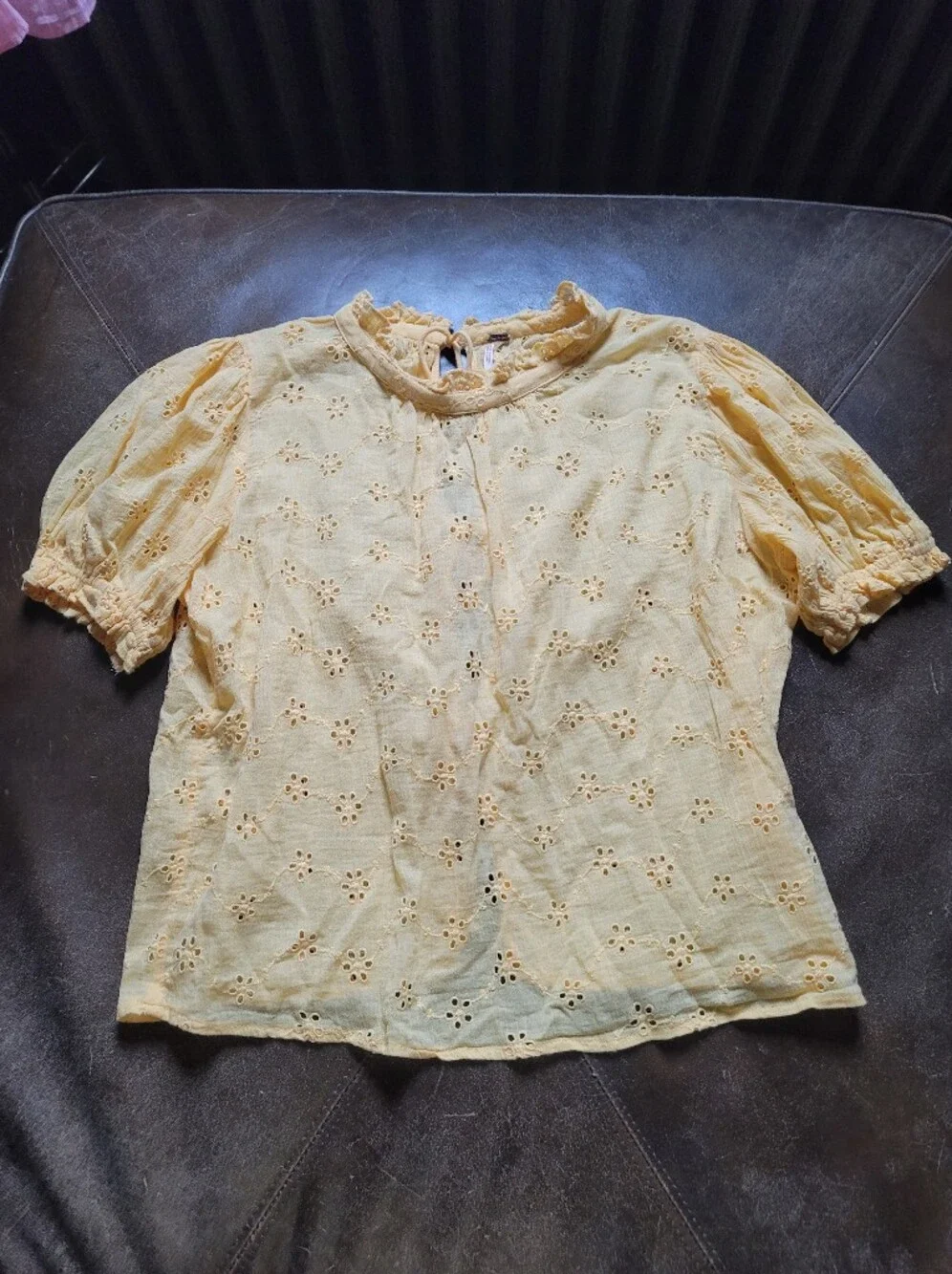 Free People Yellow Eyelet Puff Sleeve Blouse